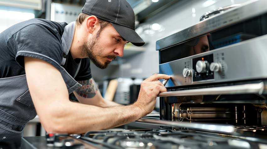 commercial-kitchen-appliance-repair technician fixing oven
